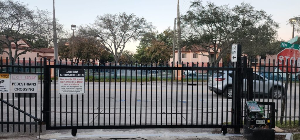 Commercial sliding gate at a parking lot entrance