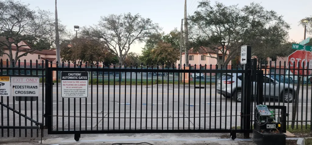 Commercial sliding gate at a parking lot entrance