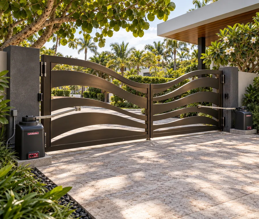 Bronze driveway gate with a pair of LiftMaster swing gate operators