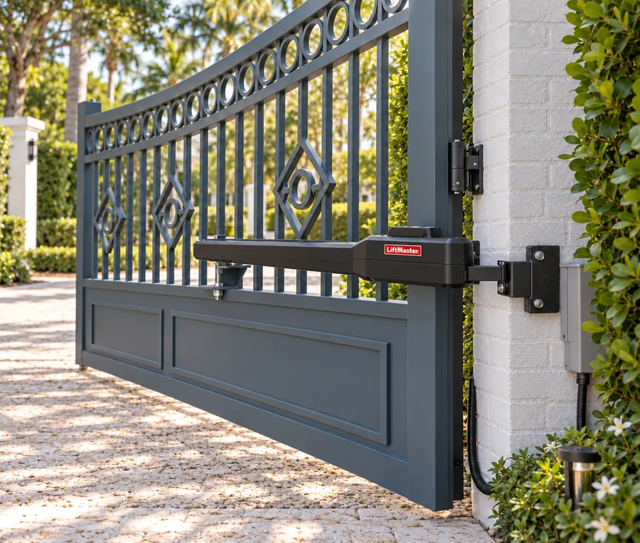 Decorative swing gate with a LiftMaster arm operator