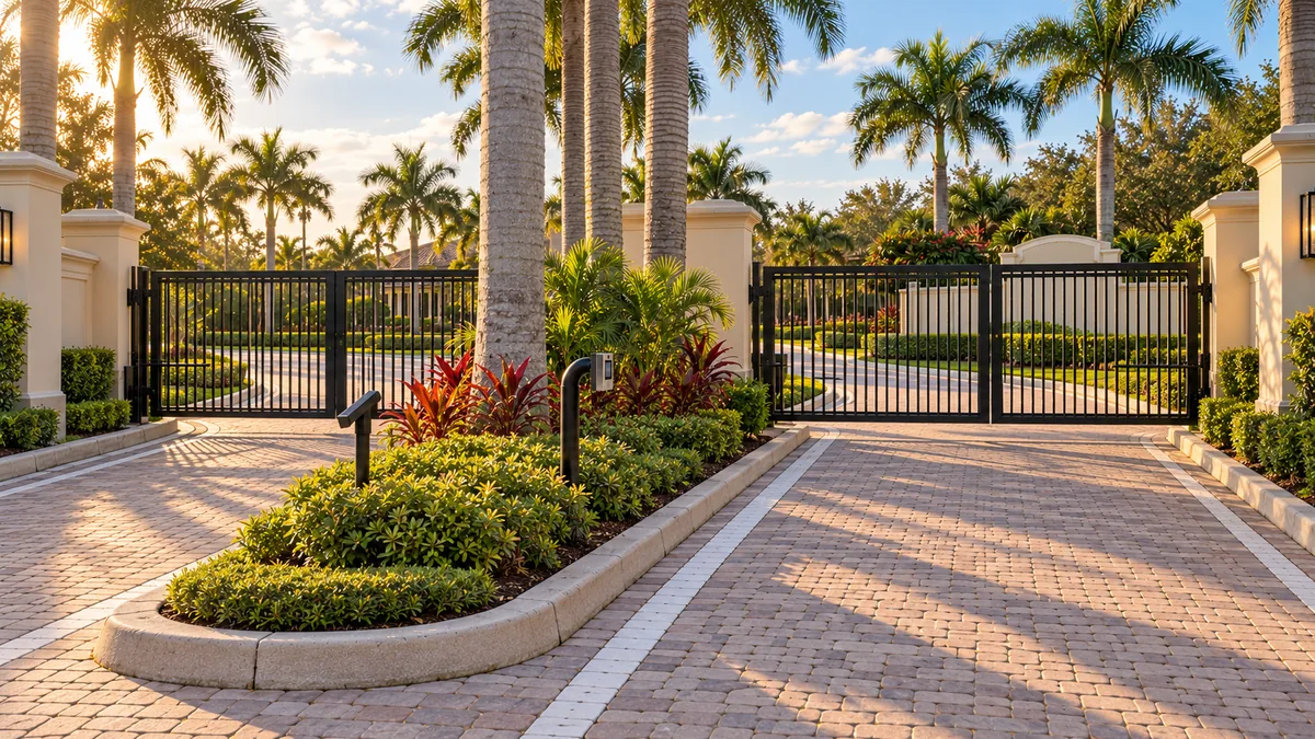 Gated community entrance with swing gates, a vehicle reader and a video intercom