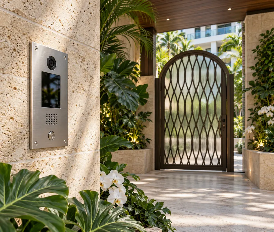 Video intercom panel beside an arched pedestrian gate